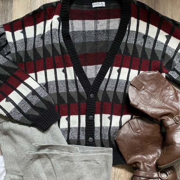 Vintage ‘90s Geometric Striped Chunky Knit Cardigan Large Heritage Academia Cozy - Picture 2 of 6